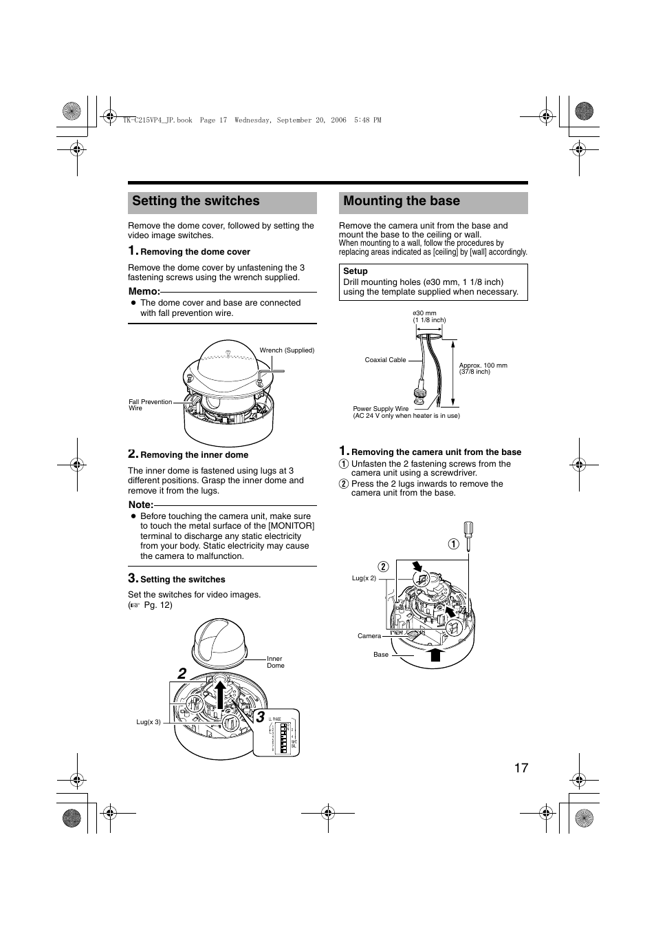 Setting the switches, Mounting the base | JVC TK-C215VP4 User Manual | Page 21 / 36