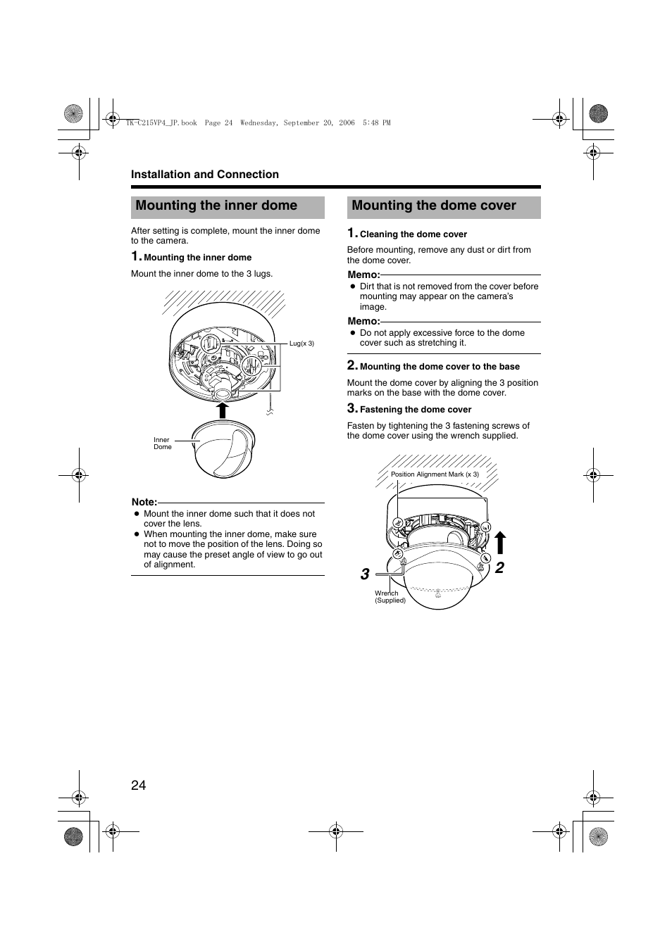 Mounting the inner dome, Mounting the dome cover | JVC TK-C215VP4 User Manual | Page 28 / 36