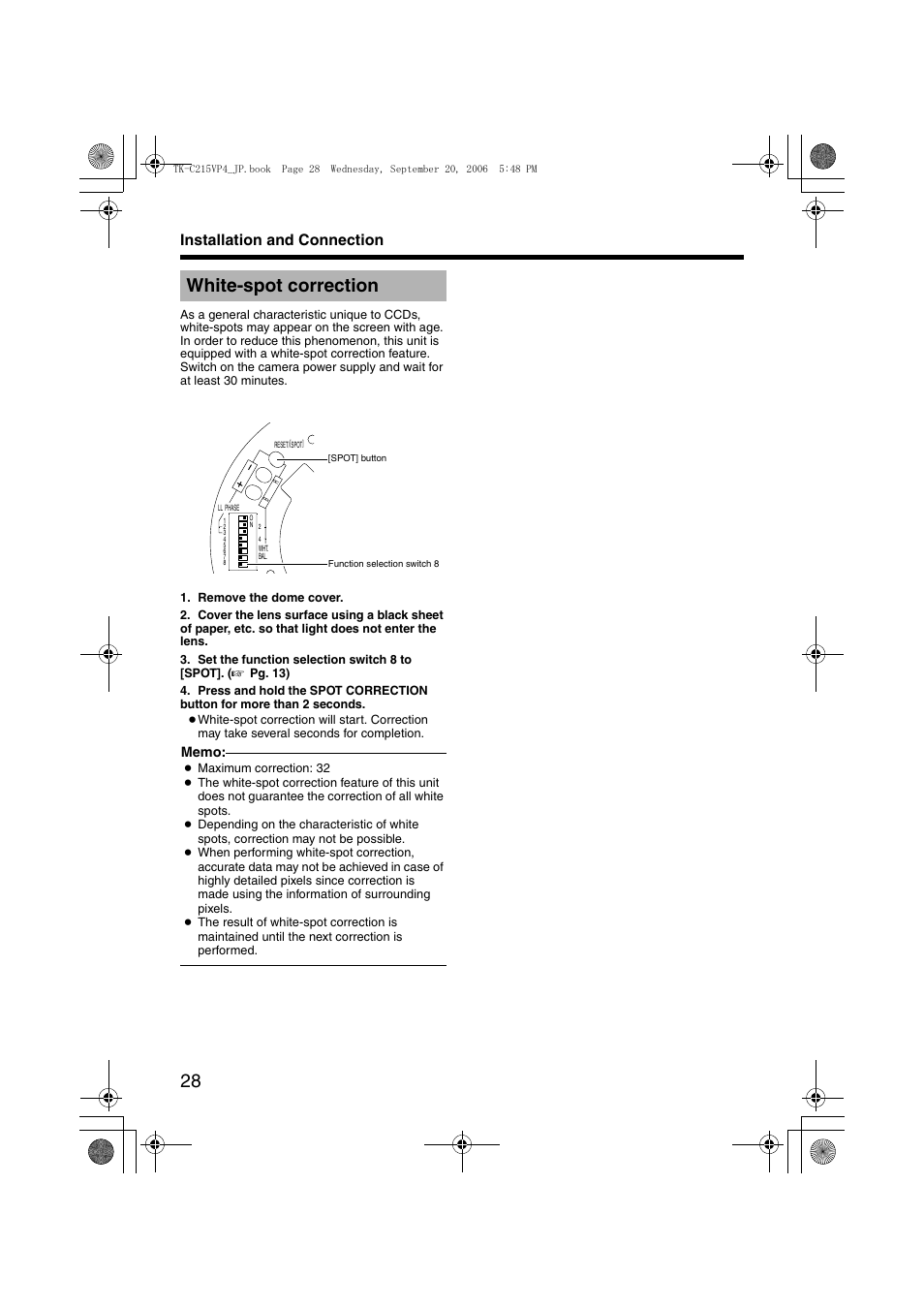 White-spot correction, Installation and connection | JVC TK-C215VP4 User Manual | Page 32 / 36