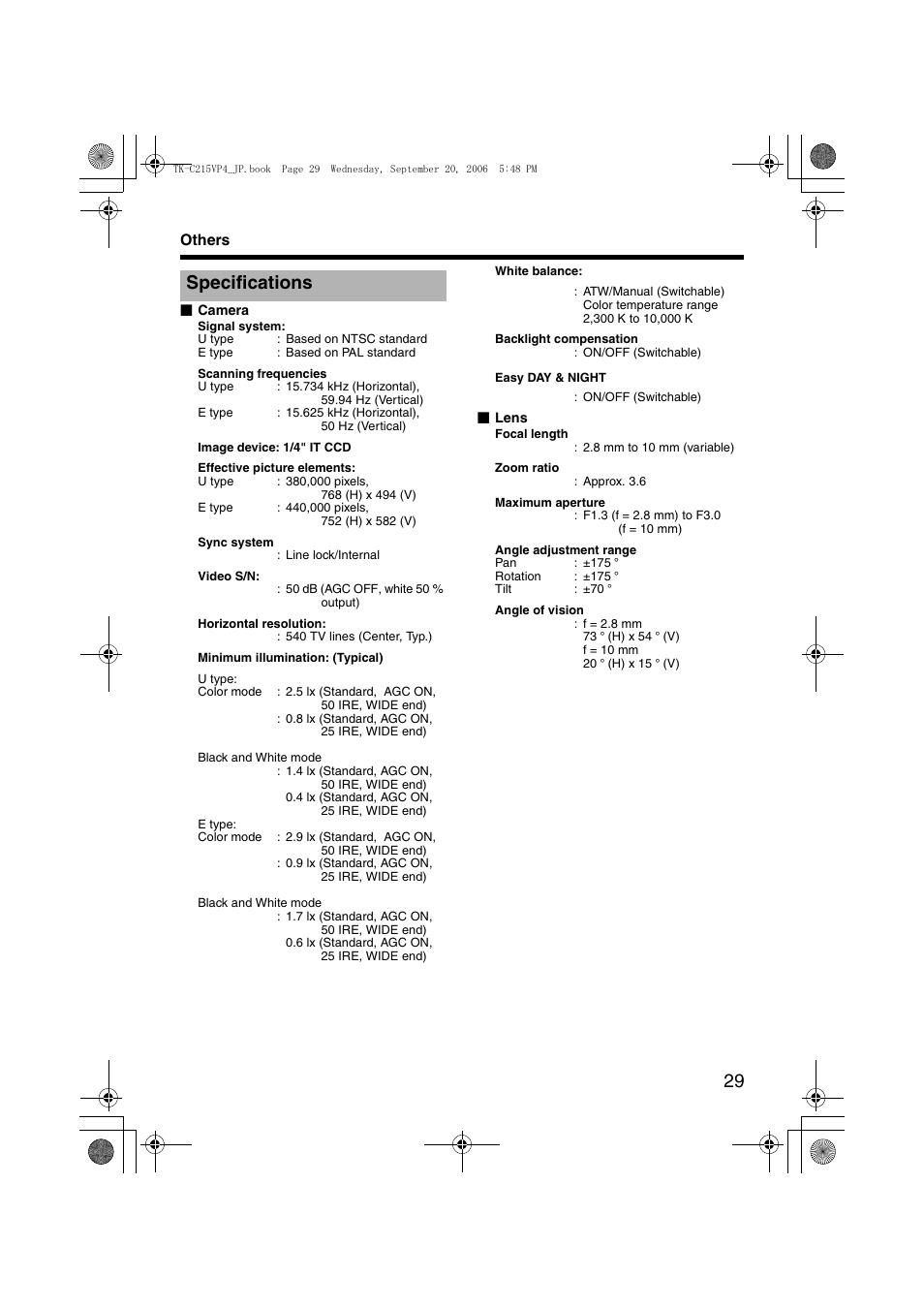 Others, Specifications | JVC TK-C215VP4 User Manual | Page 33 / 36