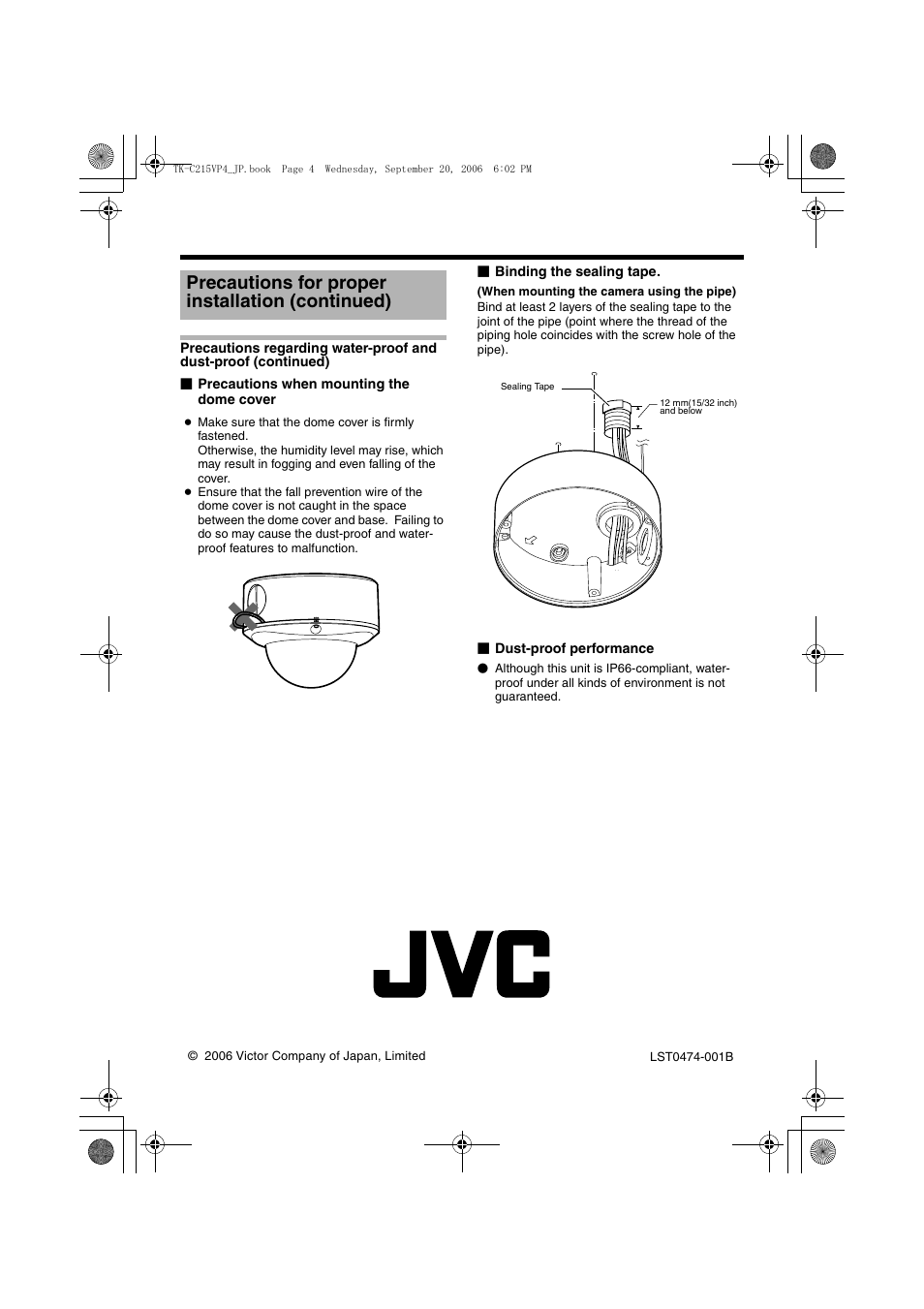 Back, Precautions for proper installation (continued) | JVC TK-C215VP4 User Manual | Page 4 / 36