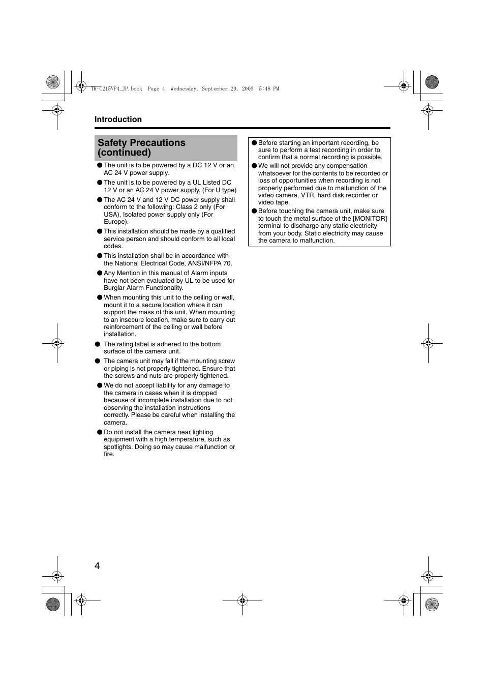 Safety precautions (continued) | JVC TK-C215VP4 User Manual | Page 8 / 36