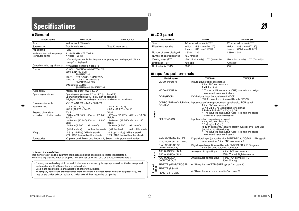 Specifications, General, Lcd panel | Input/output terminals, 7 general, 7 input/output terminals, 7 lcd panel | JVC 0110SKH-MW-MT User Manual | Page 26 / 28