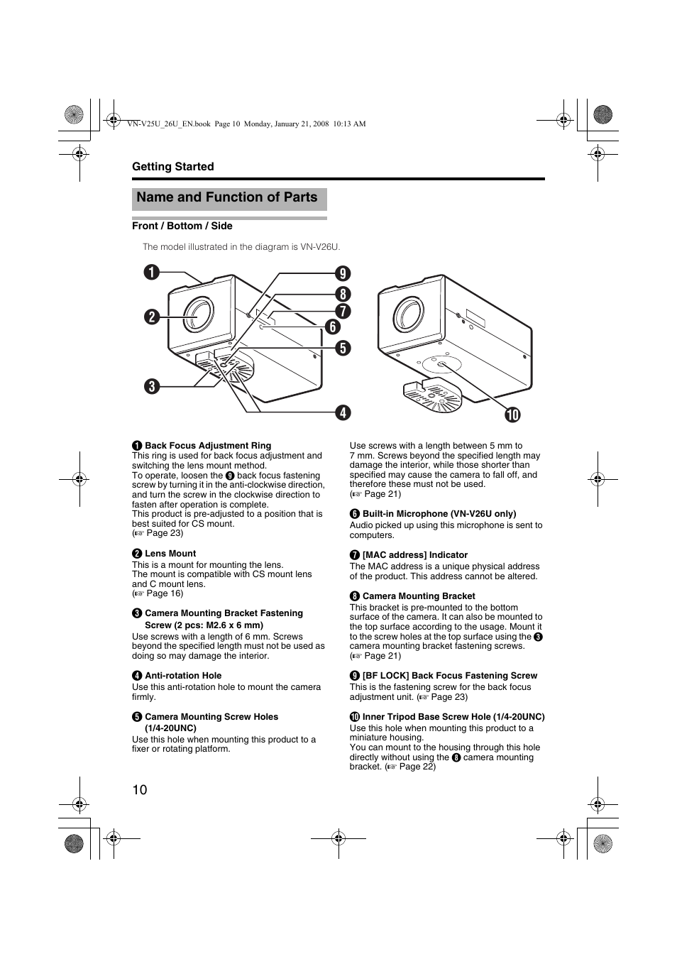 Name and function of parts, Front / bottom / side | JVC VN-V25U User Manual | Page 10 / 48