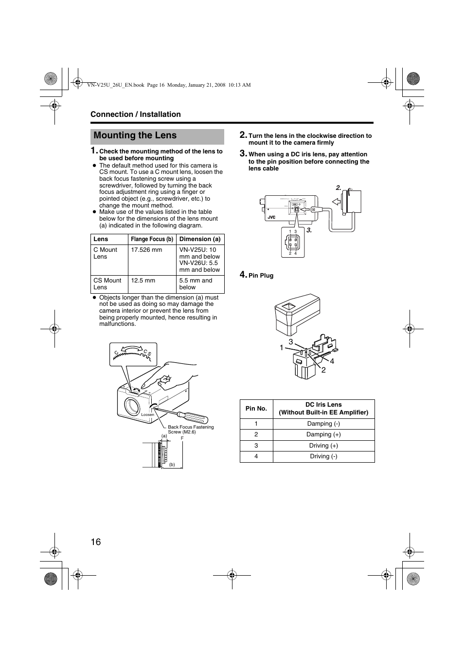 Connection / installation, Mounting the lens | JVC VN-V25U User Manual | Page 16 / 48