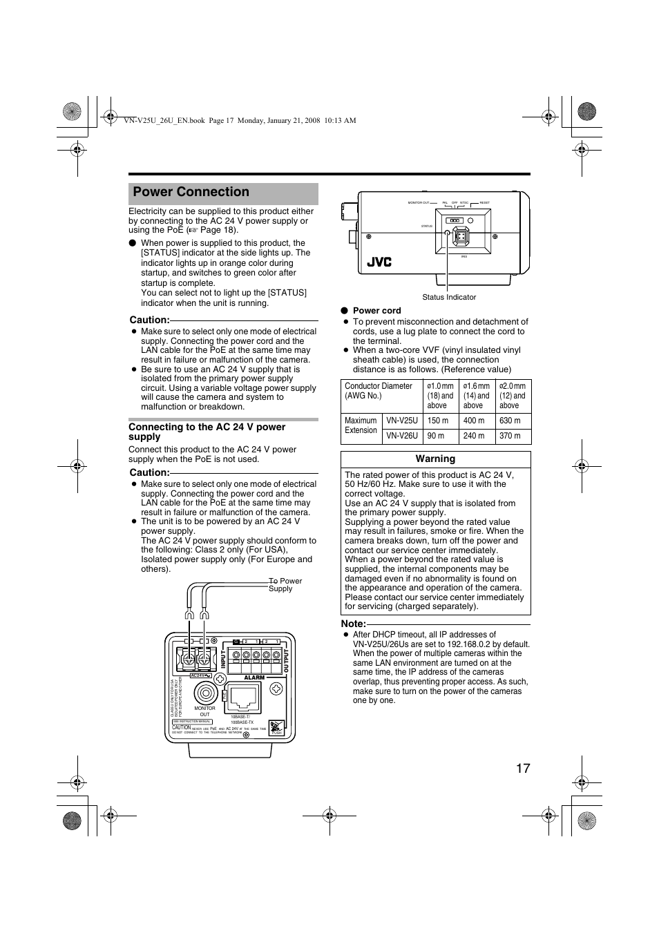 Power connection, Connecting to the ac 24 v power supply, Connecting to the ac 24 v power | Supply, Caution, Warning | JVC VN-V25U User Manual | Page 17 / 48