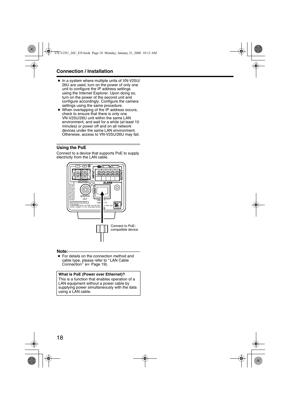 Using the poe, Connection / installation | JVC VN-V25U User Manual | Page 18 / 48