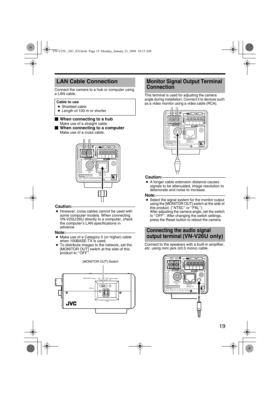 Lan cable connection, Monitor signal output terminal connection, Connection | Connecting the audio signal output, Terminal (vn-v26u only), Installation, Alan cable, When connecting to a hub, When connecting to a computer, Caution | JVC VN-V25U User Manual | Page 19 / 48