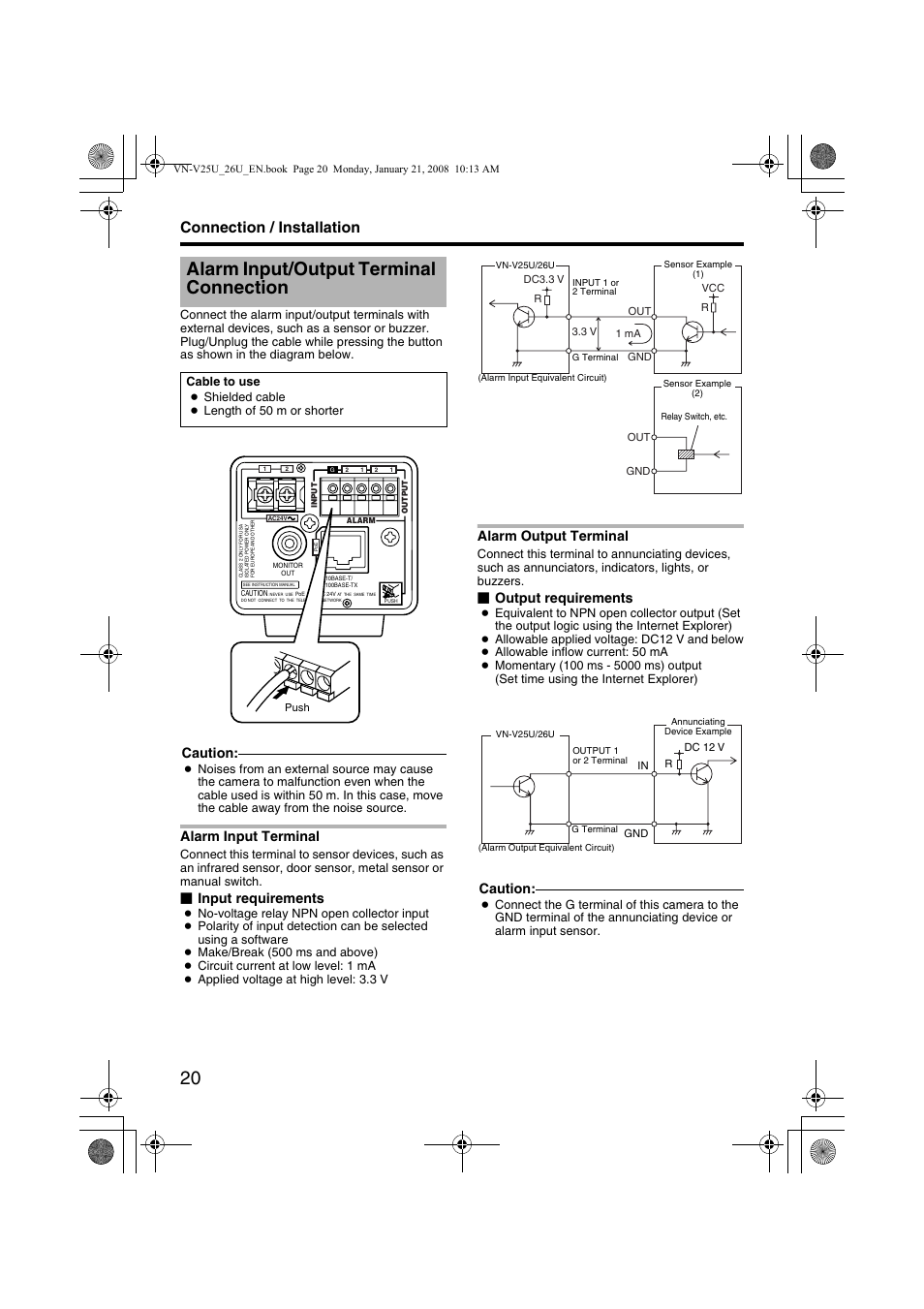 Alarm input/output terminal connection, Alarm input terminal, Alarm output terminal | Alarm input/output terminal, Connection, Alarm input terminal alarm output terminal, Connection / installation, Caution, Input requirements, Output requirements | JVC VN-V25U User Manual | Page 20 / 48