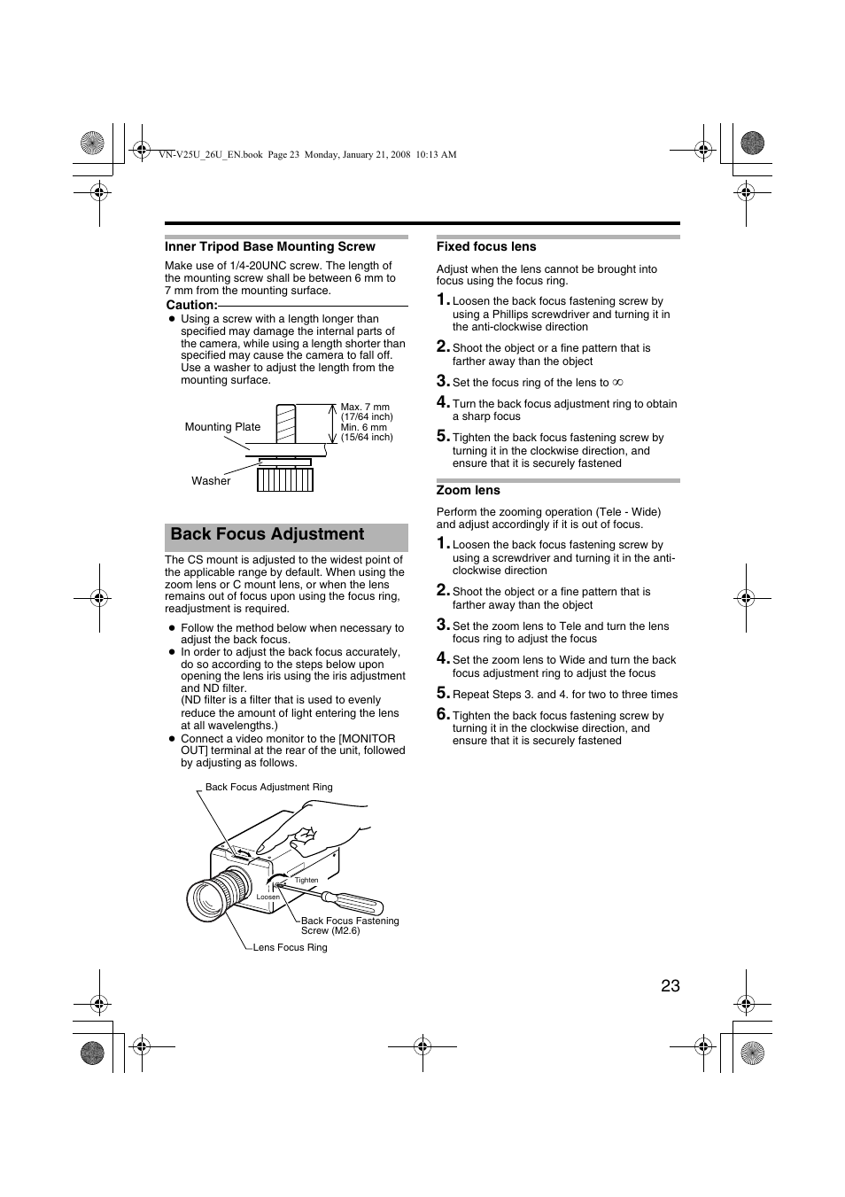 Back focus adjustment, Justment unit, Adjustment | JVC VN-V25U User Manual | Page 23 / 48