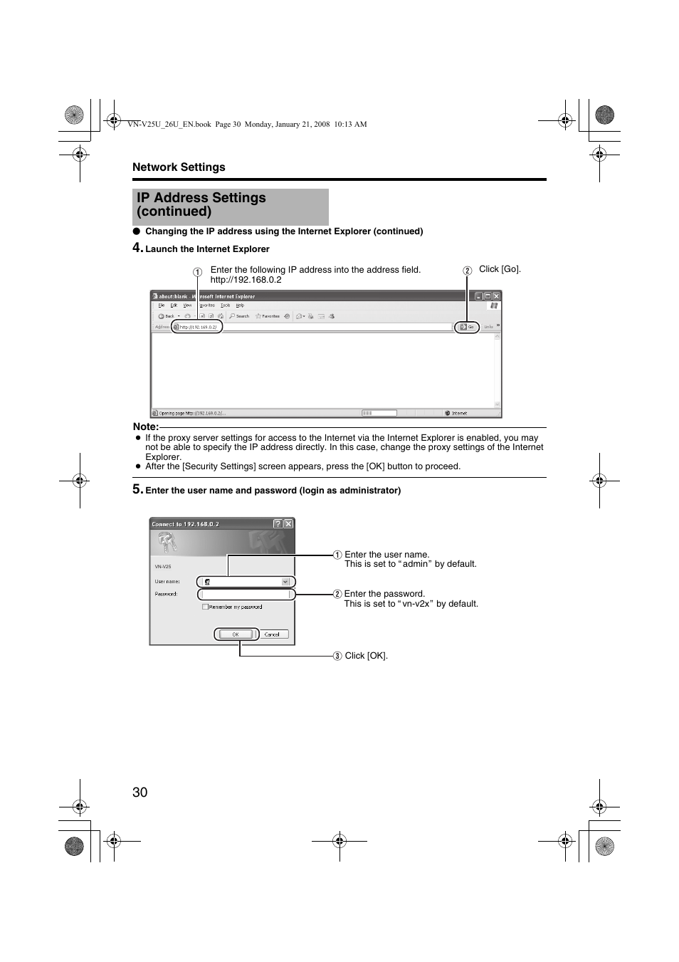 Ip address settings (continued) | JVC VN-V25U User Manual | Page 30 / 48