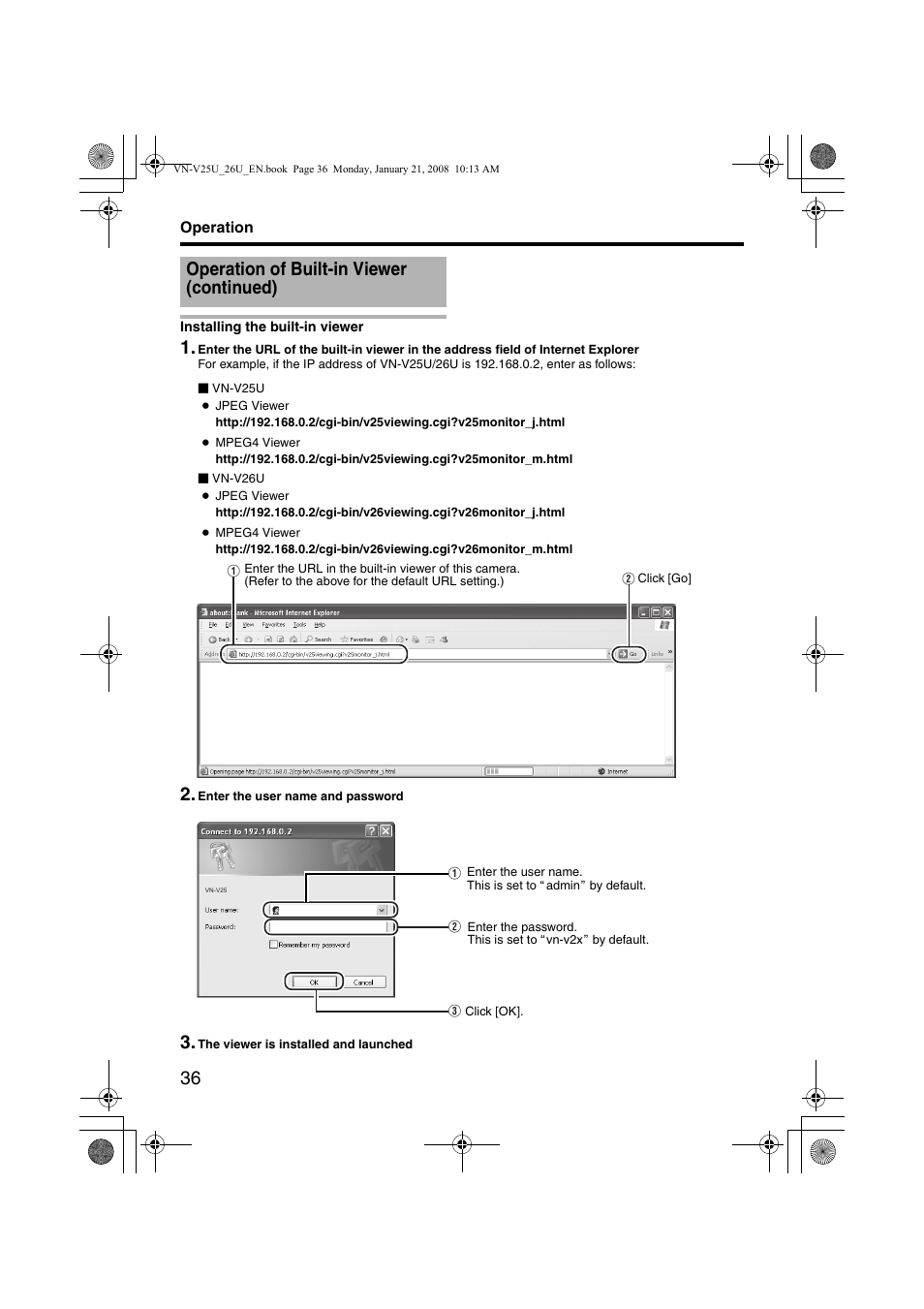 Installing the built-in viewer, Operation of built-in viewer (continued) | JVC VN-V25U User Manual | Page 36 / 48