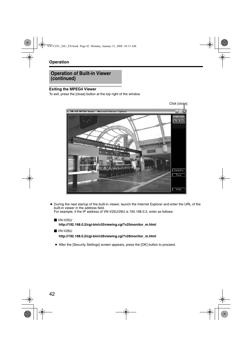 Exiting the mpeg4 viewer, Operation of built-in viewer (continued) | JVC VN-V25U User Manual | Page 42 / 48