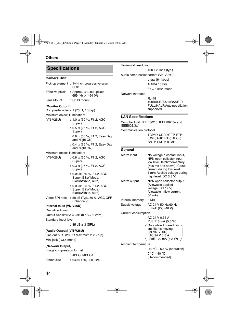 Others, Specifications | JVC VN-V25U User Manual | Page 44 / 48