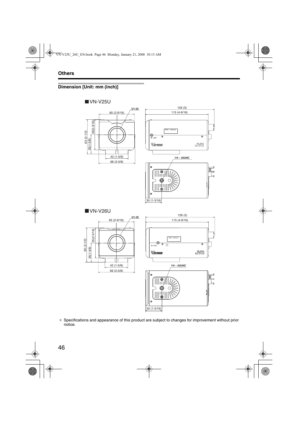 Dimension, Vn-v25u vn-v26u, Others | Dimension [unit: mm (inch) | JVC VN-V25U User Manual | Page 46 / 48