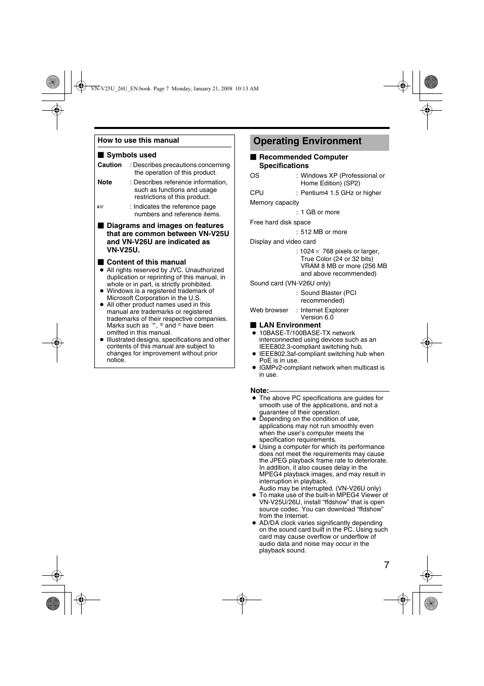 Operating environment | JVC VN-V25U User Manual | Page 7 / 48