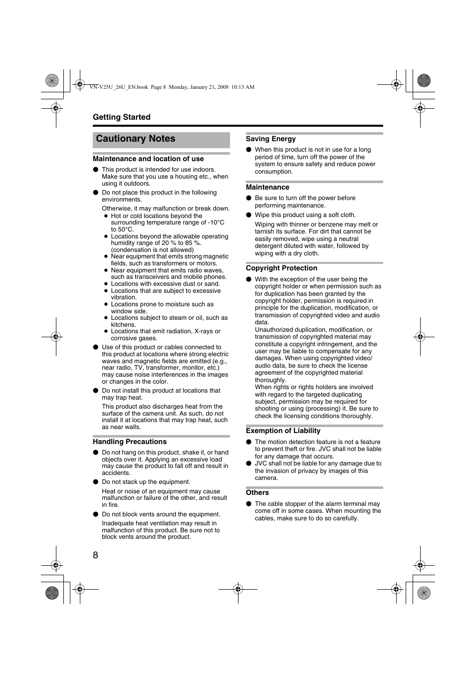 Cautionary notes | JVC VN-V25U User Manual | Page 8 / 48