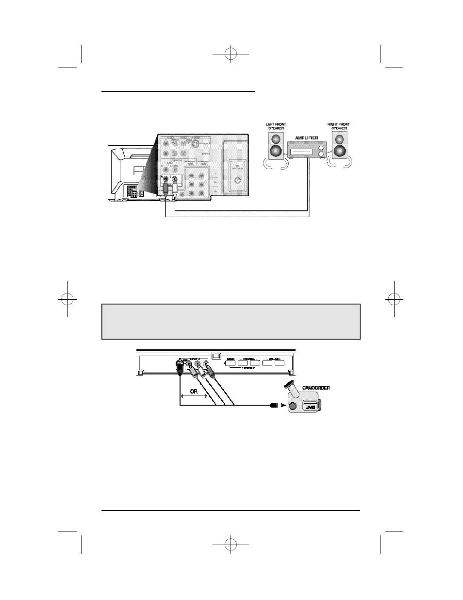 Connections, Connecting to a camcorder, Connecting to an external amplifier | JVC AV 36F802 User Manual | Page 15 / 52