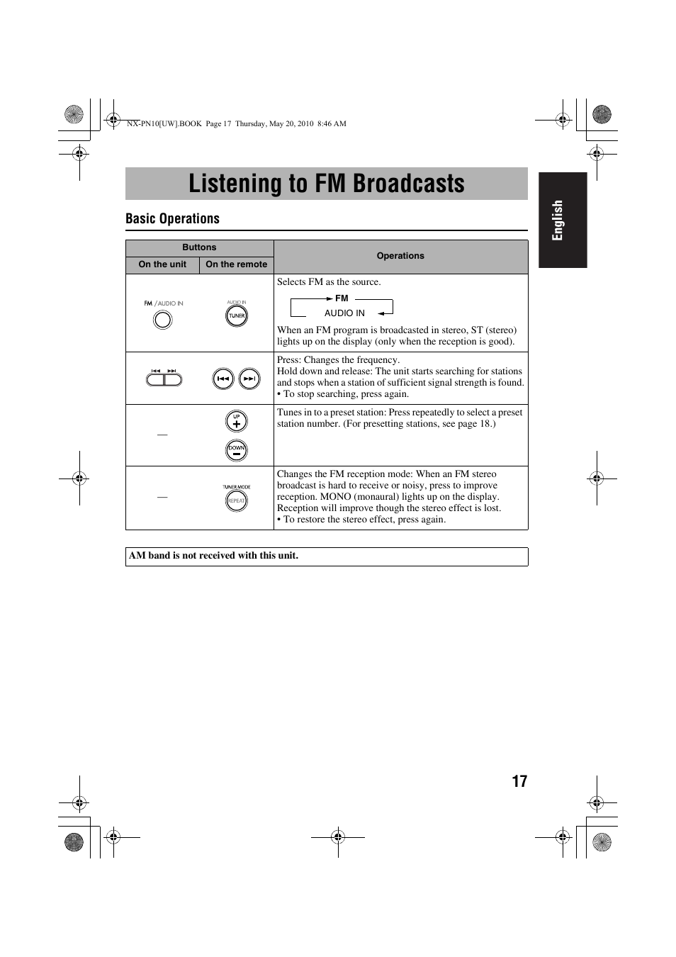 Listening to fm broadcasts, Basic operations | JVC 0609YAMMDWBET User Manual | Page 21 / 77