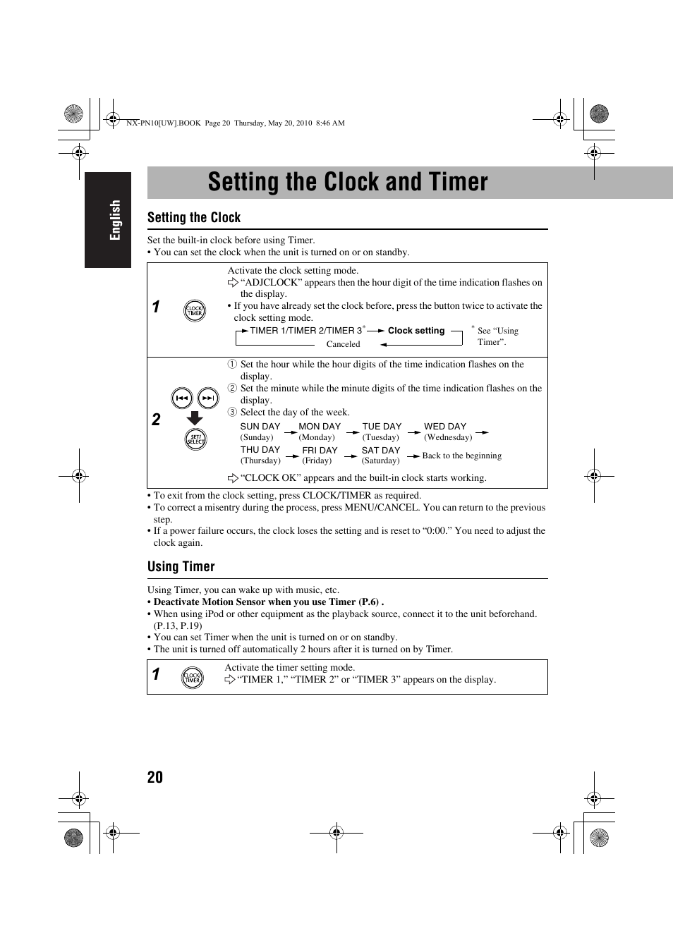 Setting the clock and timer, Setting the clock, Using timer | JVC 0609YAMMDWBET User Manual | Page 24 / 77