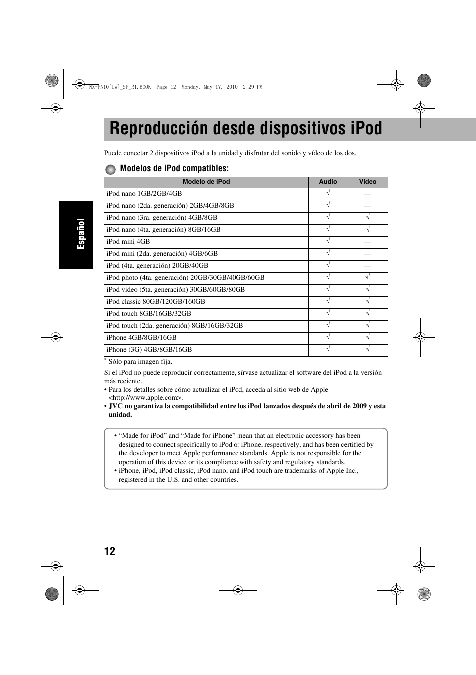 Reproducción desde dispositivos ipod, Modelos de ipod compatibles | JVC 0609YAMMDWBET User Manual | Page 40 / 77