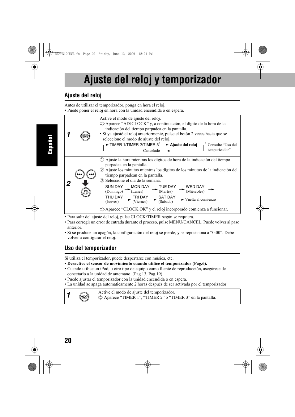 Ajuste del reloj y temporizador, Ajuste del reloj, Uso del temporizador | JVC 0609YAMMDWBET User Manual | Page 48 / 77