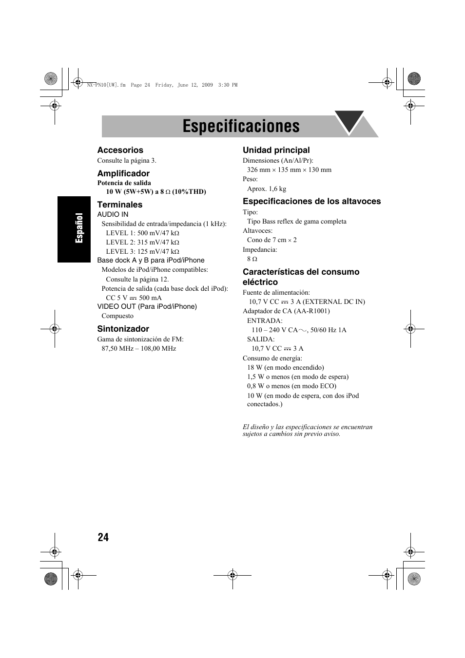 Especificaciones | JVC 0609YAMMDWBET User Manual | Page 52 / 77