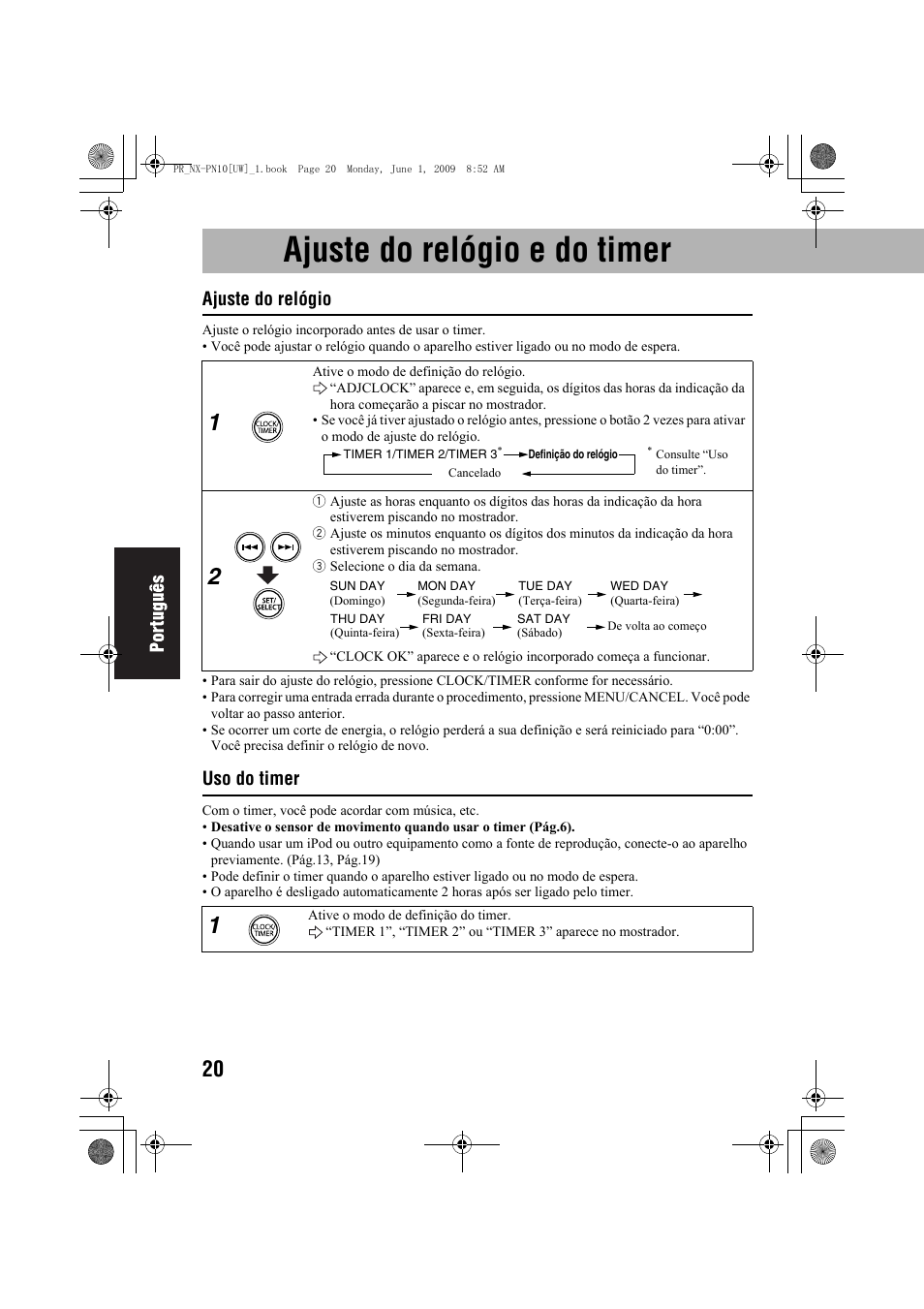 Ajuste do relógio e do timer, Ajuste do relógio, Uso do timer | JVC 0609YAMMDWBET User Manual | Page 72 / 77