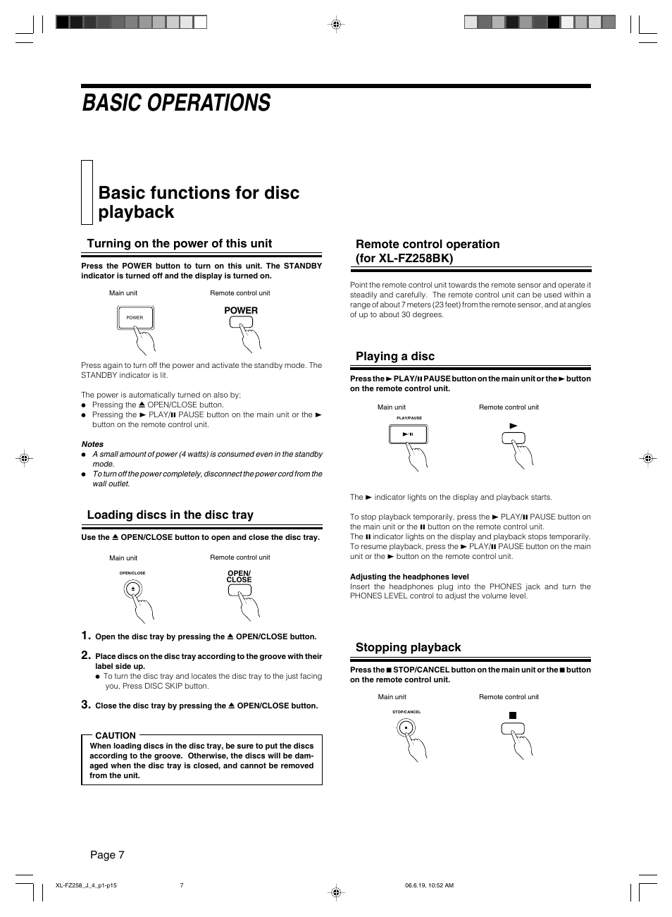 Basic operations, Basic functions for disc playback, Turning on the power of this unit | Loading discs in the disc tray, Remote control operation (for xl-fz258bk), Playing a disc, Stopping playback, Page 7 | JVC XL-FZ258BK User Manual | Page 10 / 20