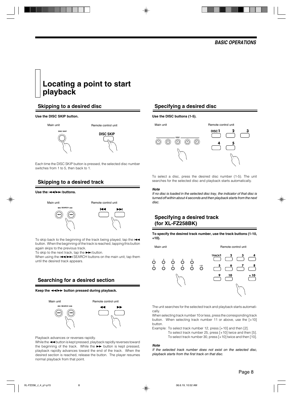 Locating a point to start playback, Skipping to a desired disc, Skipping to a desired track | Searching for a desired section, Specifying a desired disc, Specifying a desired track (for xl-fz258bk), Basic operations, Page 8 | JVC XL-FZ258BK User Manual | Page 11 / 20
