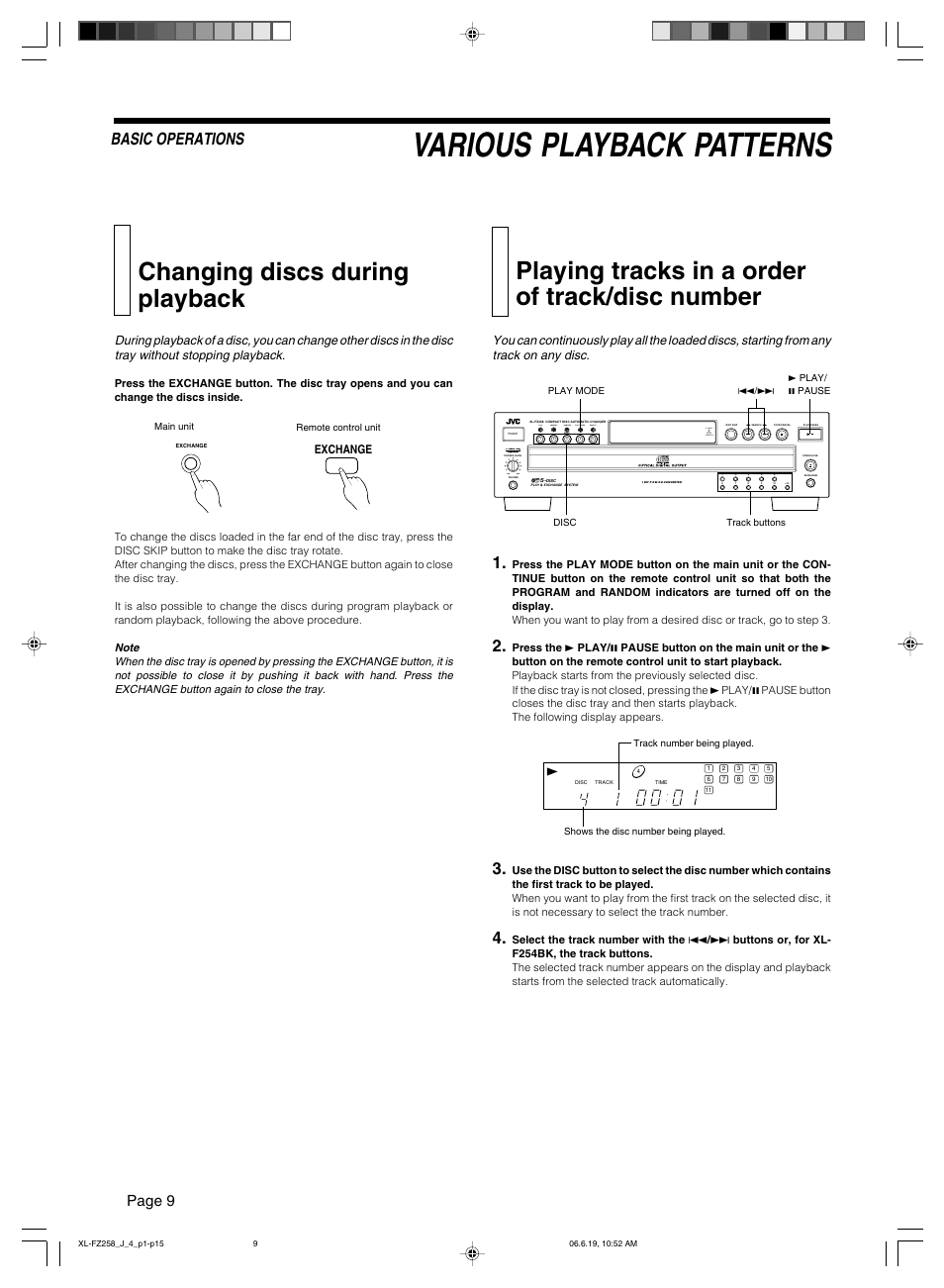 Changing discs during playback, Various playback patterns, Playing tracks in a order of track/disc number | Basic operations, Page 9, Min max, Received | JVC XL-FZ258BK User Manual | Page 12 / 20