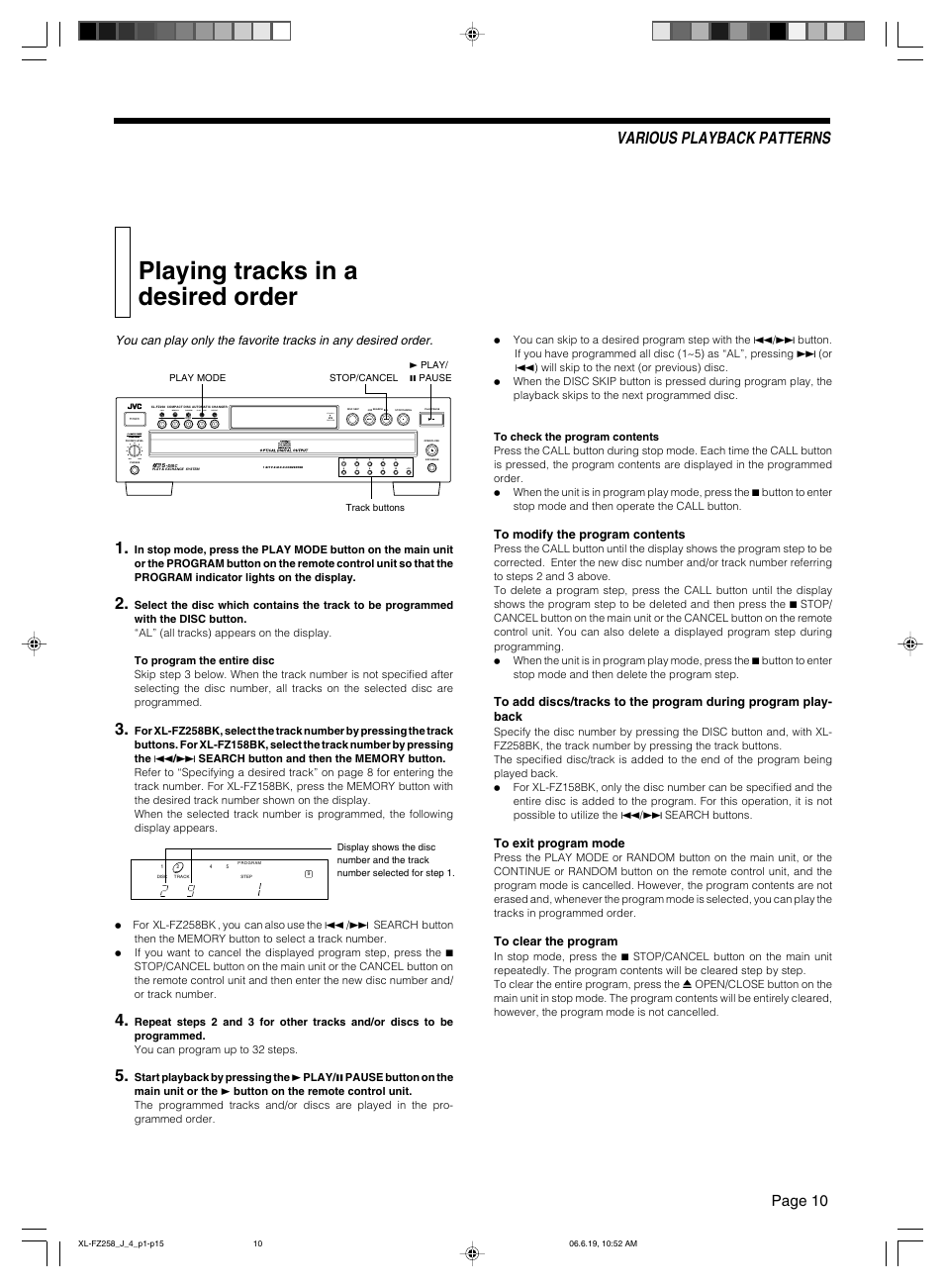 Playing tracks in a desired order, Various playback patterns, Page 10 | Min max, Received | JVC XL-FZ258BK User Manual | Page 13 / 20