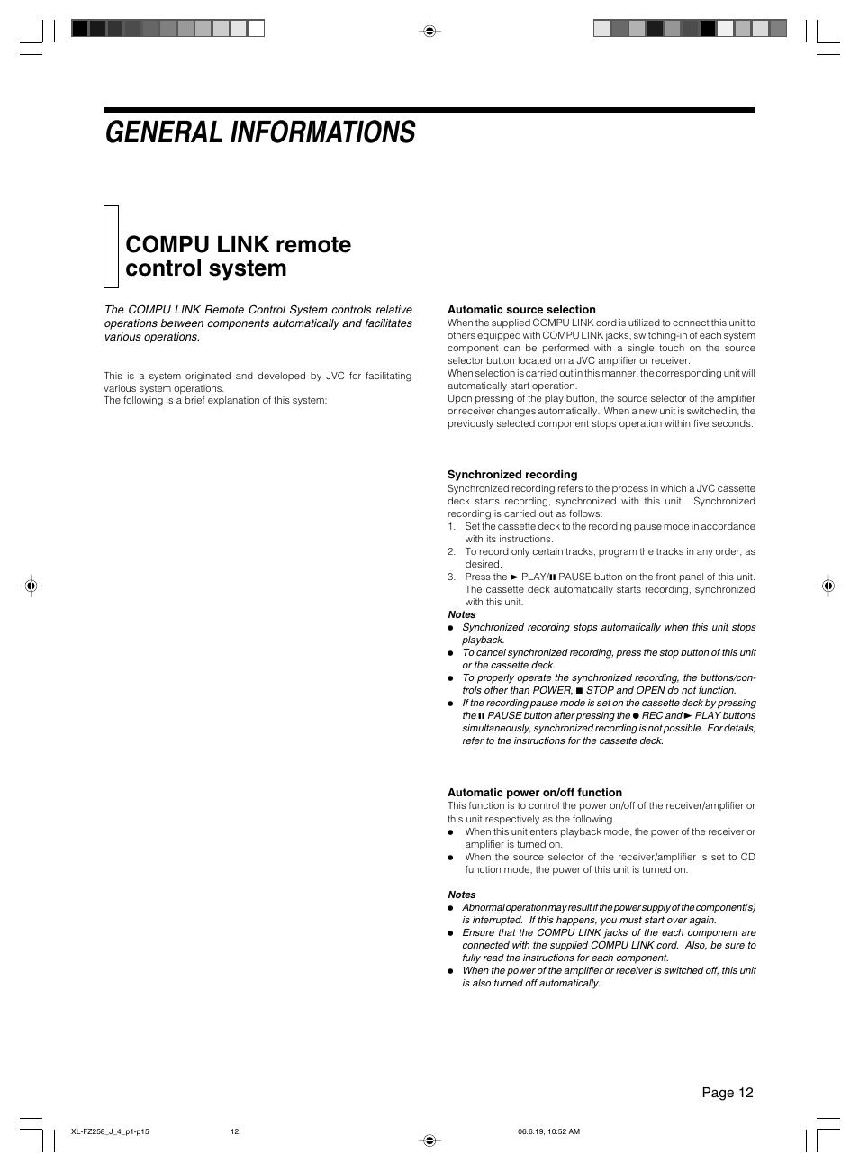 General informations, Compu link remote control system | JVC XL-FZ258BK User Manual | Page 15 / 20