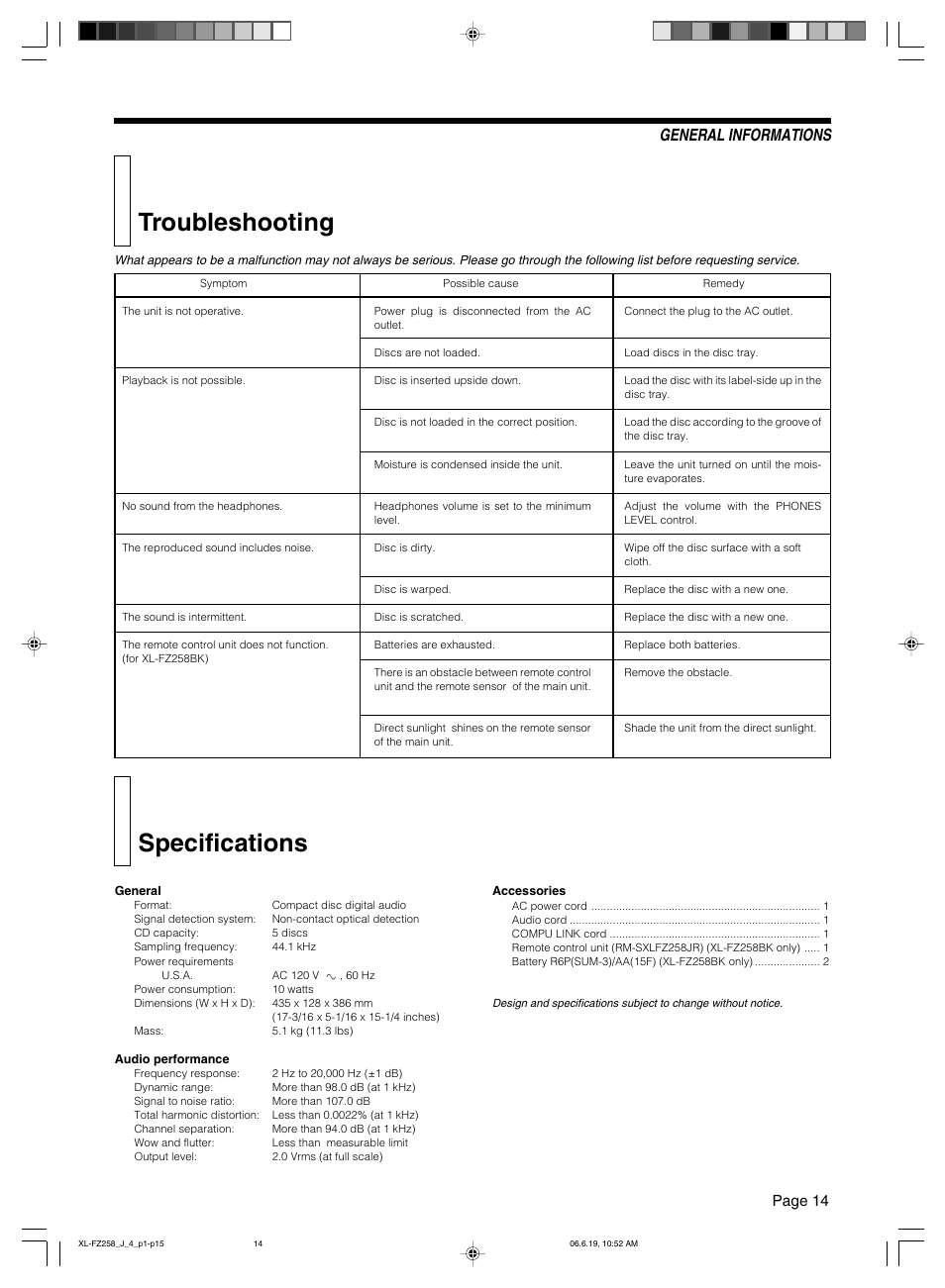 Troubleshooting, Specifications, General informations | Page 14 | JVC XL-FZ258BK User Manual | Page 17 / 20