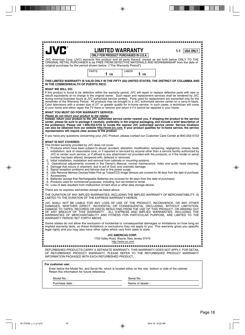 Limited warranty, Page 16 | JVC XL-FZ258BK User Manual | Page 19 / 20