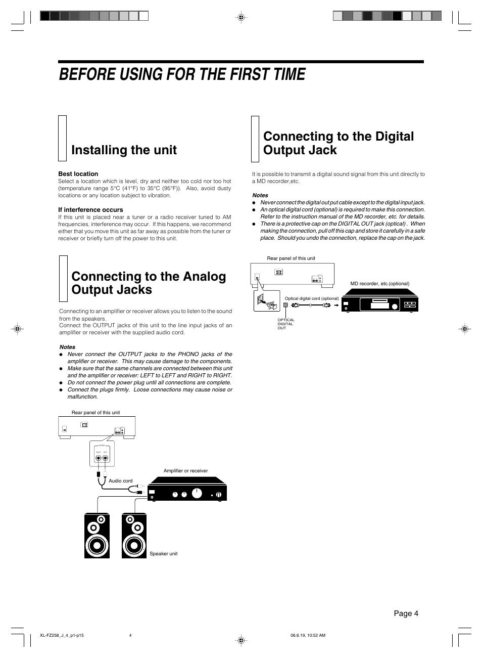 Before using for the first time, Installing the unit, Connecting to the analog output jacks | Connecting to the digital output jack | JVC XL-FZ258BK User Manual | Page 7 / 20