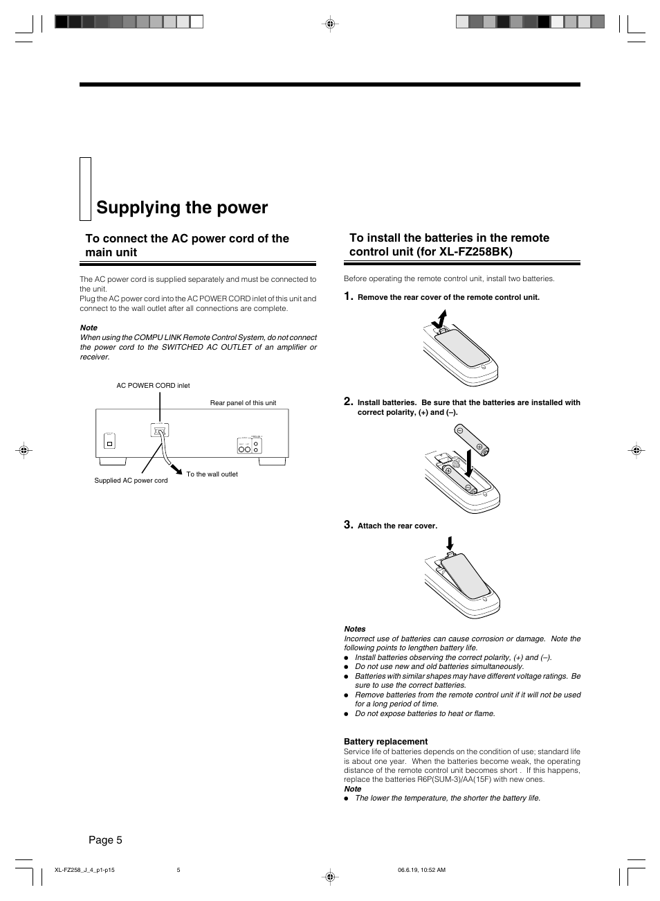Supplying the power, To connect the ac power cord of the main unit, Page 5 | JVC XL-FZ258BK User Manual | Page 8 / 20