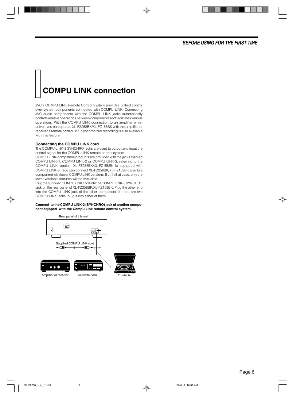 Compu link connection, Before using for the first time | JVC XL-FZ258BK User Manual | Page 9 / 20