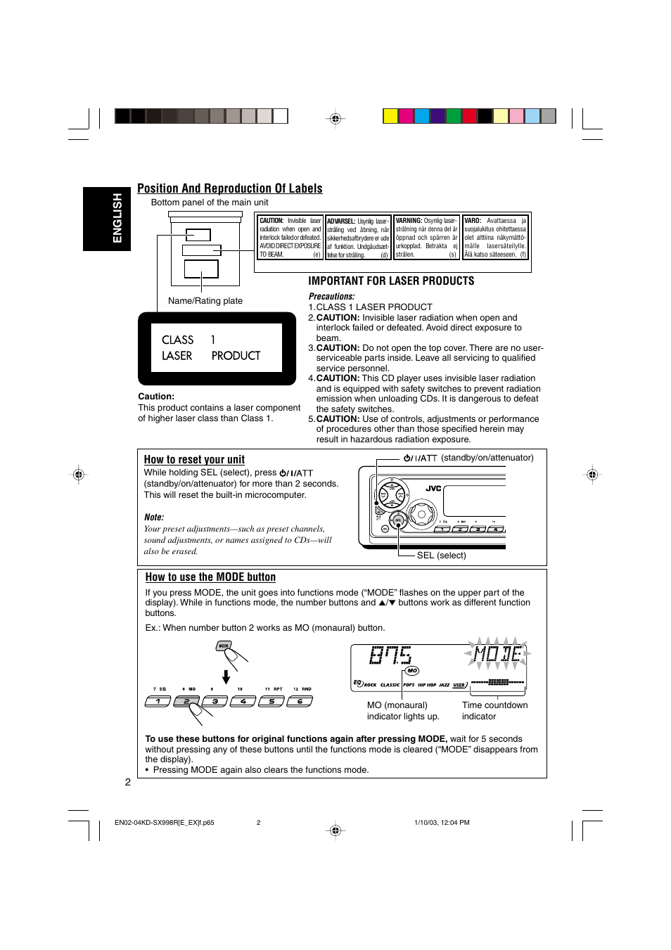 Position and reproduction of labels, How to reset your unit, How to use the mode button | English how to use the mode button, Important for laser products | JVC CD Receiver KD-SX997R User Manual | Page 2 / 56