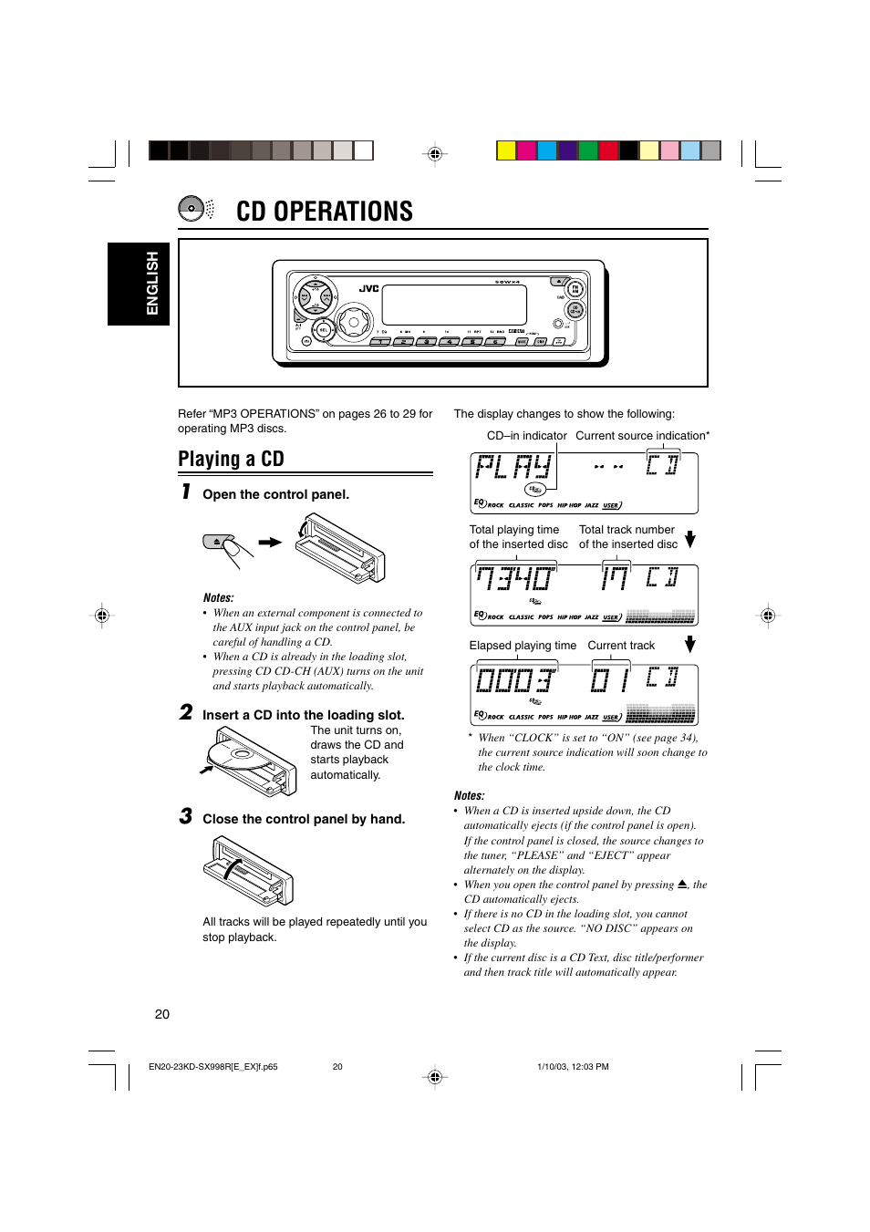 Cd operations, Playing a cd 1 | JVC CD Receiver KD-SX997R User Manual | Page 20 / 56