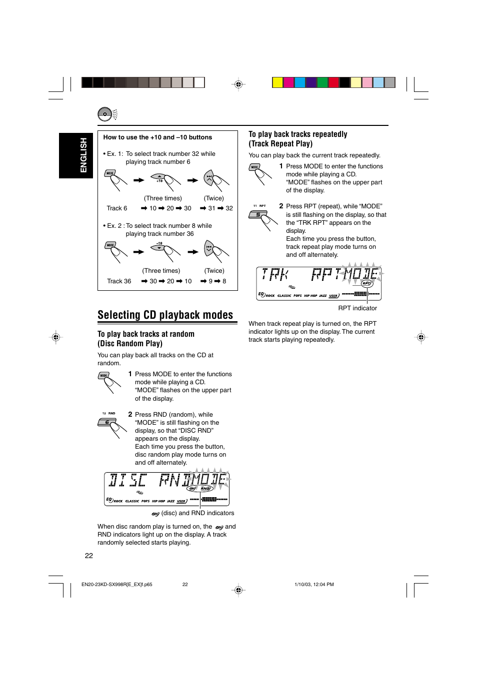Selecting cd playback modes | JVC CD Receiver KD-SX997R User Manual | Page 22 / 56