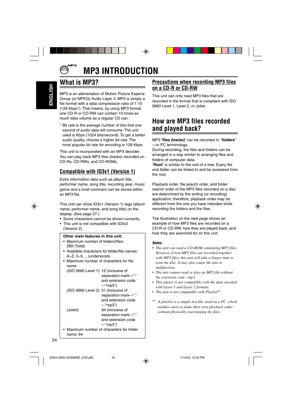 Mp3 introduction, How are mp3 files recorded and played back, What is mp3 | Compatible with id3v1 (version 1) | JVC CD Receiver KD-SX997R User Manual | Page 24 / 56