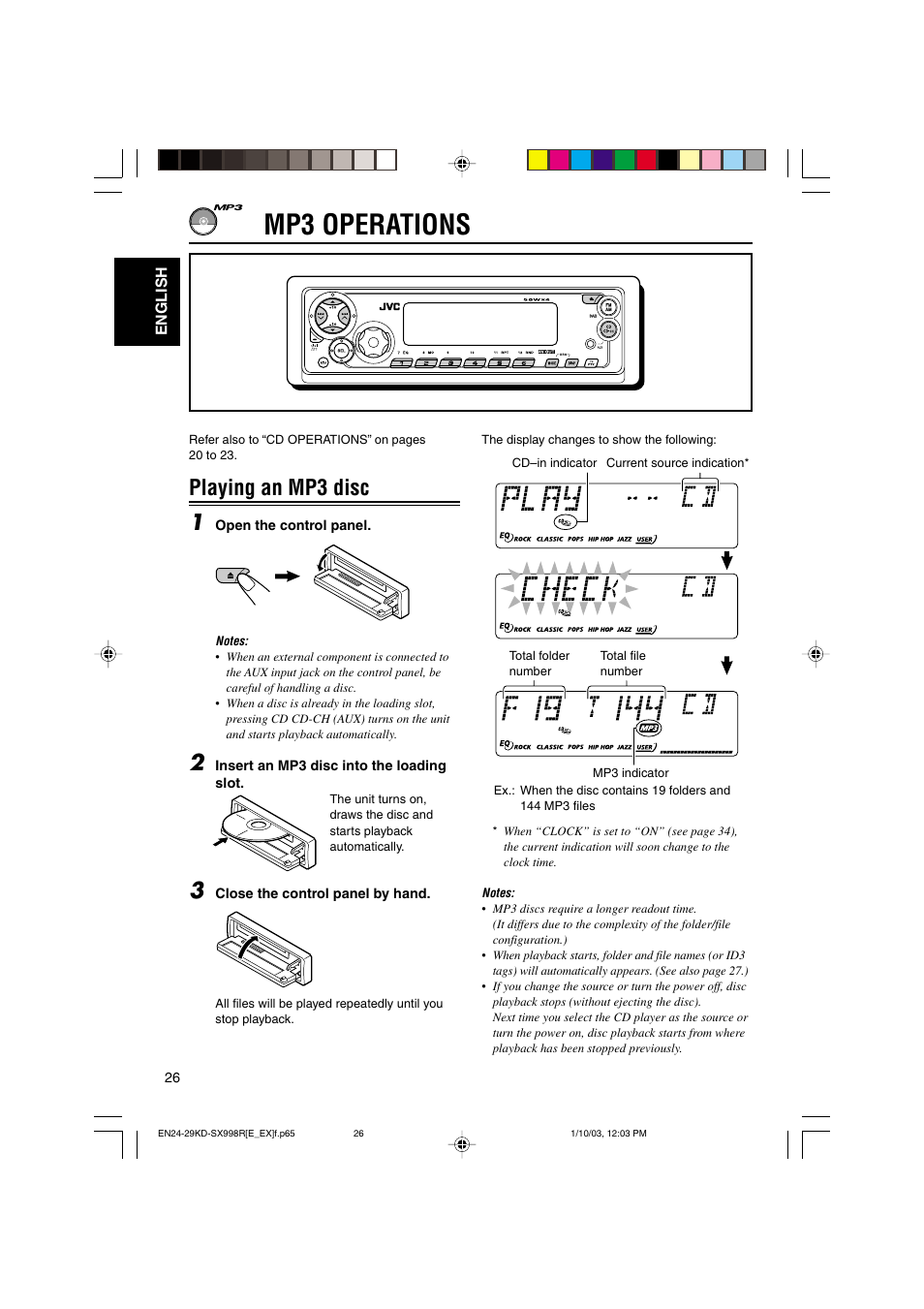 Mp3 operations, Playing an mp3 disc 1 | JVC CD Receiver KD-SX997R User Manual | Page 26 / 56