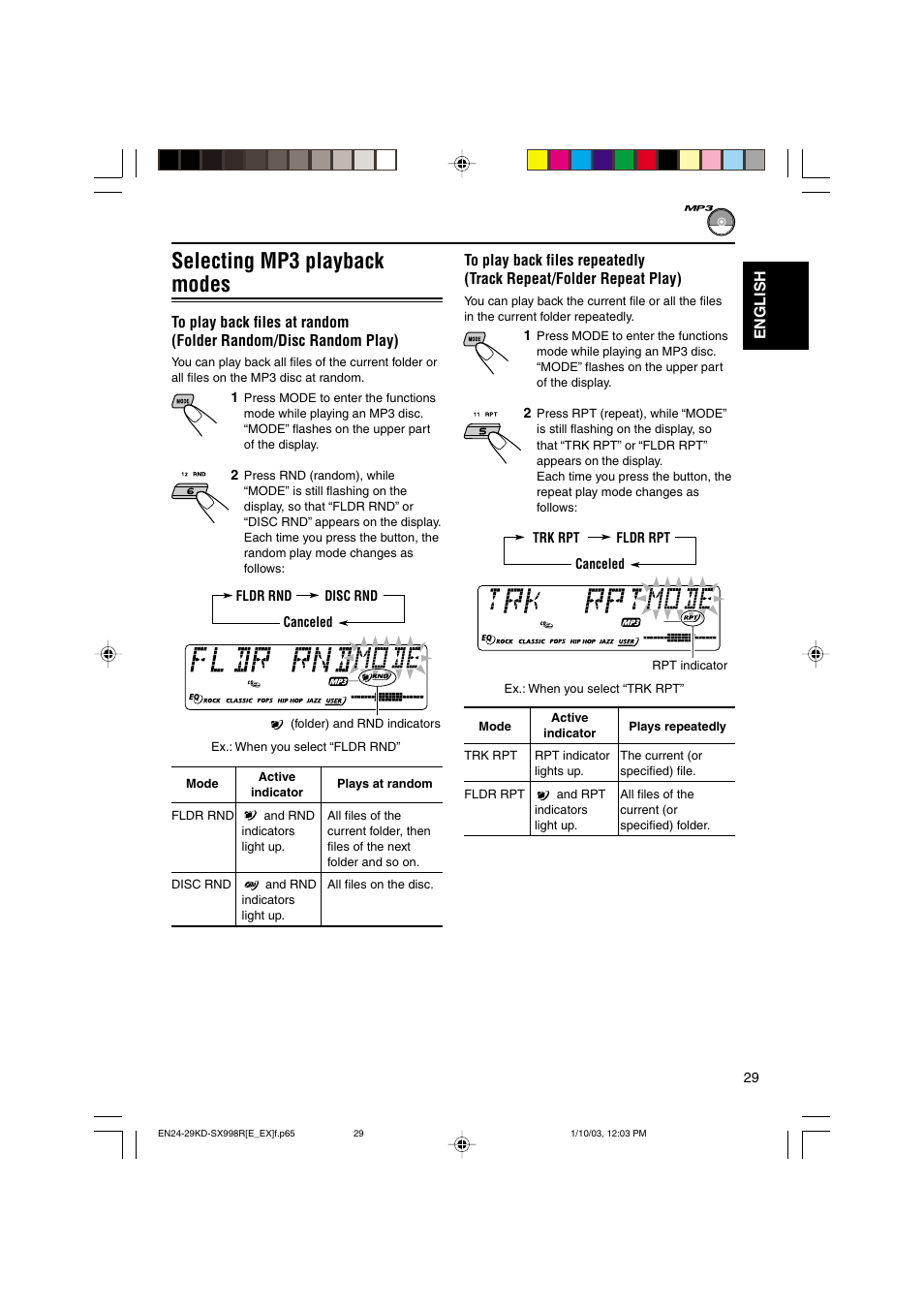 Selecting mp3 playback modes | JVC CD Receiver KD-SX997R User Manual | Page 29 / 56