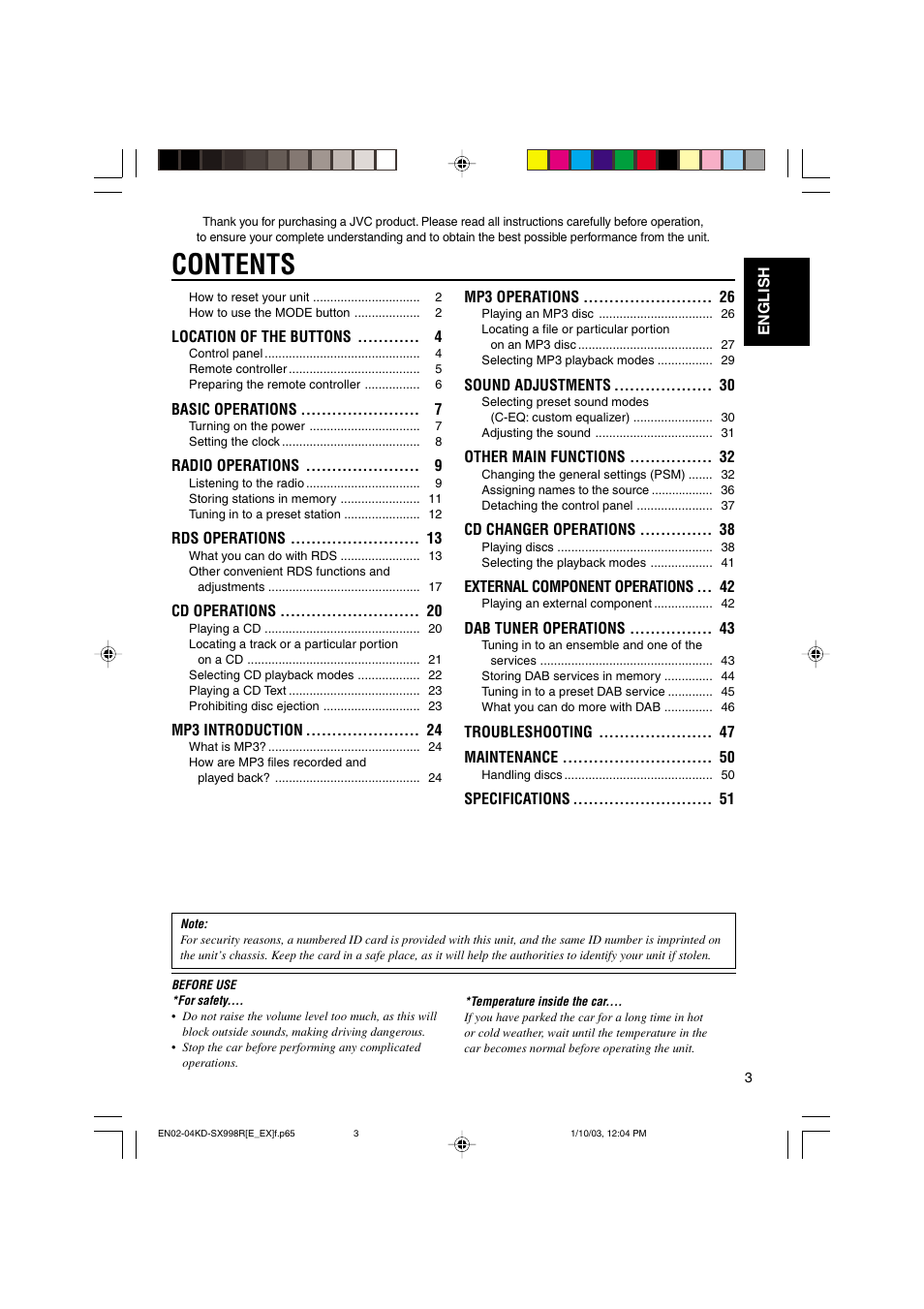 JVC CD Receiver KD-SX997R User Manual | Page 3 / 56