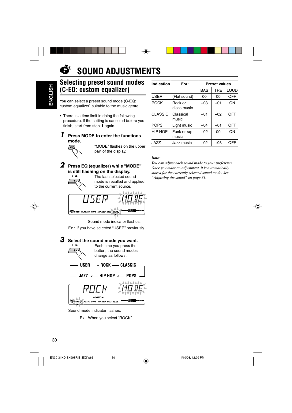 Sound adjustments | JVC CD Receiver KD-SX997R User Manual | Page 30 / 56