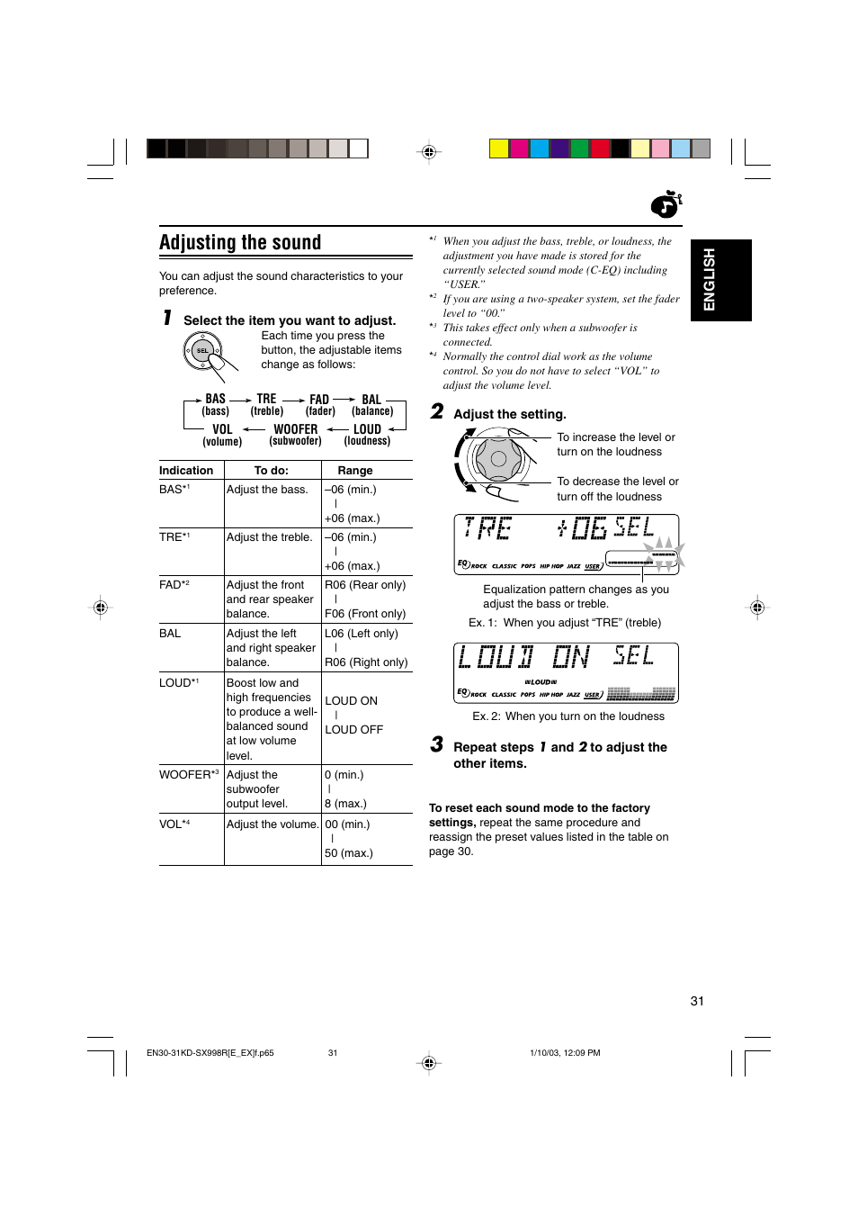 Adjusting the sound, English | JVC CD Receiver KD-SX997R User Manual | Page 31 / 56