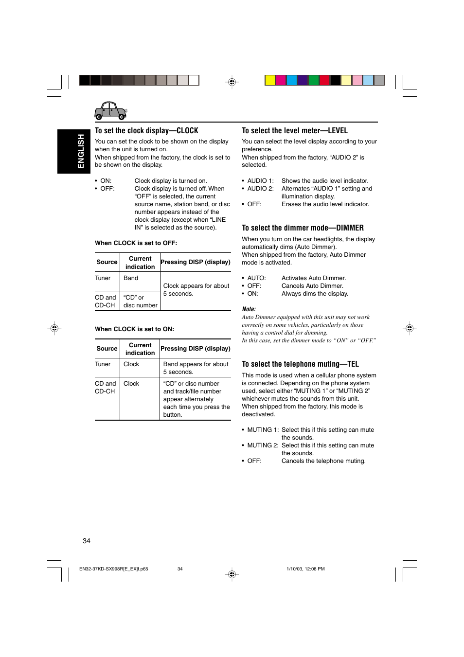 English to set the clock display—clock | JVC CD Receiver KD-SX997R User Manual | Page 34 / 56