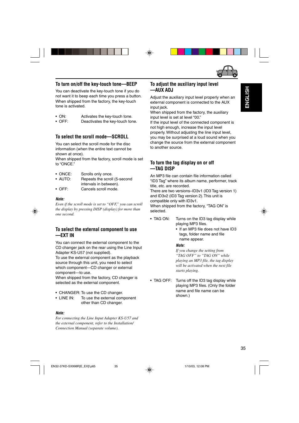 English to turn on/off the key-touch tone—beep | JVC CD Receiver KD-SX997R User Manual | Page 35 / 56
