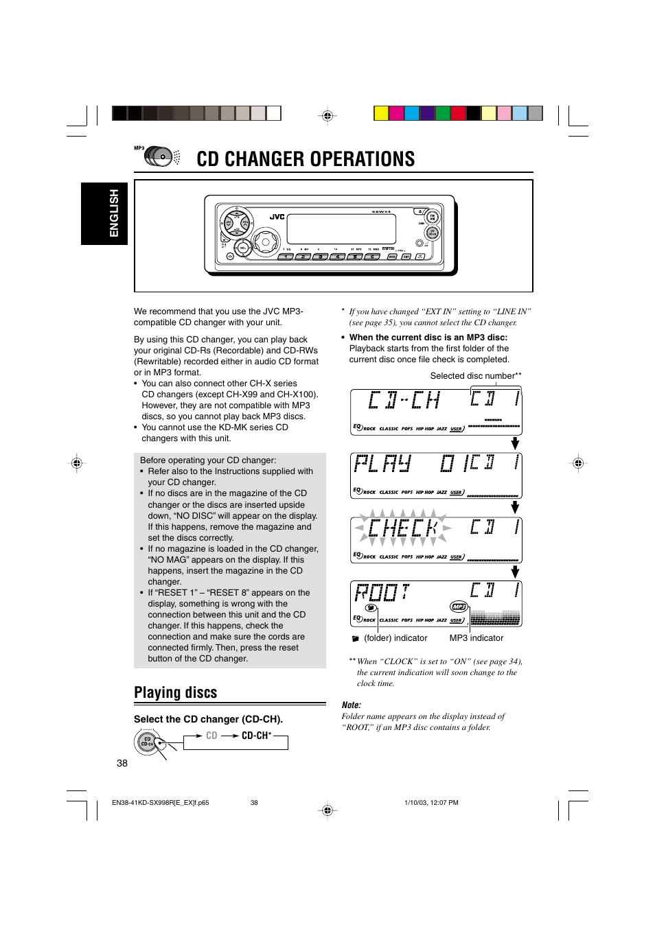 Cd changer operations, Playing discs | JVC CD Receiver KD-SX997R User Manual | Page 38 / 56